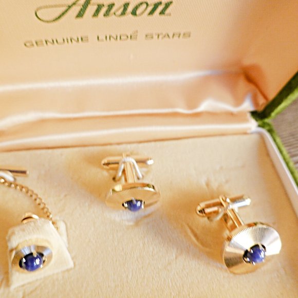 Blue Linde Star Gemstone Vintage Cufflinks and Tie Tack - Picture 1 of 2